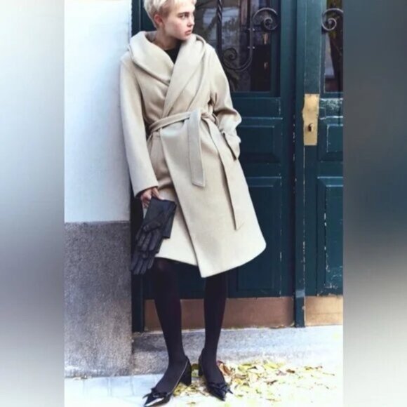 Zara Belted Soft Hooded Longline Coat Jacket Ecru scandi minimalist soft XS - Picture 4 of 16
